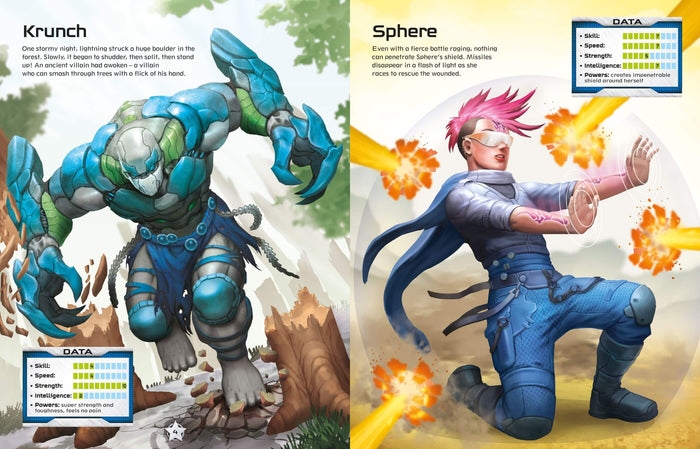 Profiles for superheroes Krunch and Sphere with character art, backstories, and skill level bar charts.