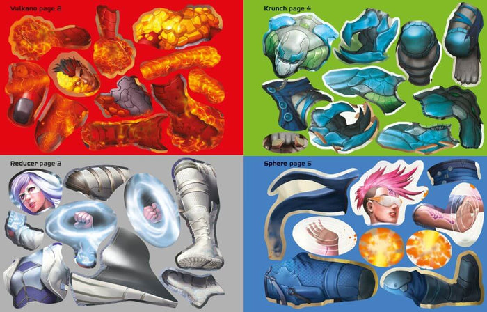 Four color-coded panels of illustrated cut-out superhero parts with fire, crystal, and futuristic armor themes.