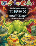 Book cover with a large roaring green T. Rex, an erupting volcano, and dinosaur-themed stickers at the top border.