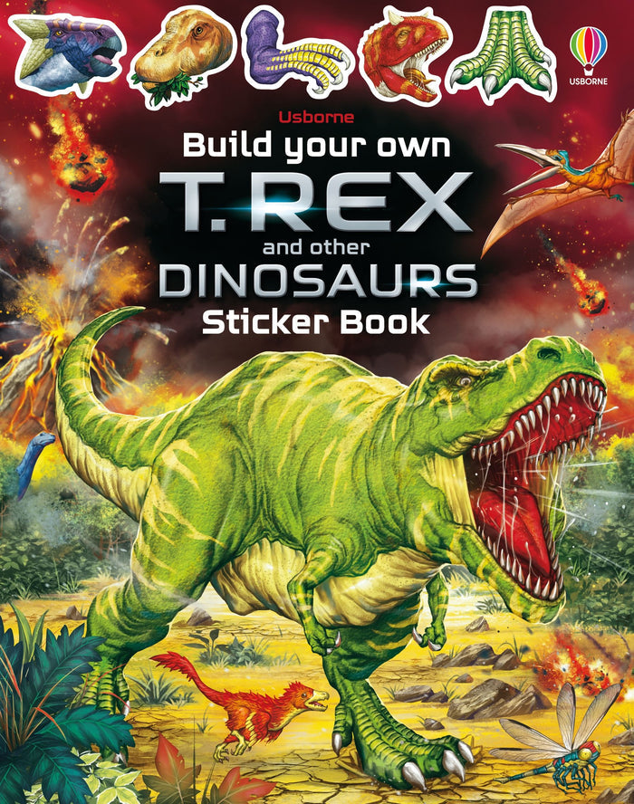 Book cover with a large roaring green T. Rex, an erupting volcano, and dinosaur-themed stickers at the top border.