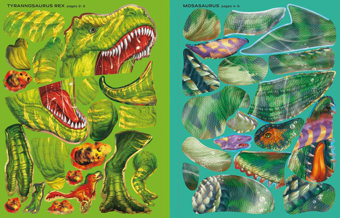 Two pages of colorful dinosaur stickers featuring heads, limbs, and tails for a T. Rex and Mosasaurus.