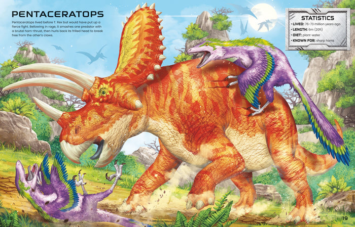 Vibrant sticker book spread of an orange Pentaceratops fighting purple feathered dinosaurs in a prehistoric landscape.