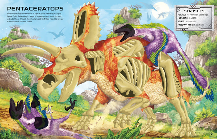 Orange Pentaceratops with skeletal sticker overlays fighting purple feathered dinosaurs in a prehistoric landscape.