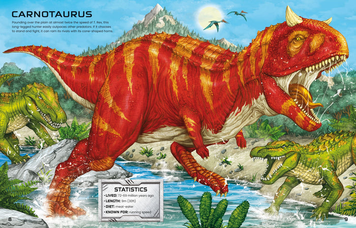 Colorful illustration of a red and yellow striped Carnotaurus charging through water in a prehistoric landscape.