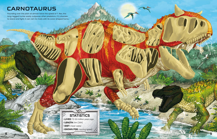 Colorful Carnotaurus sticker book page with bone-shaped cutouts, prehistoric scenery, and dinosaur statistics.