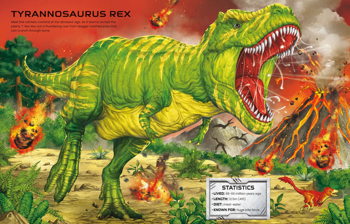 Vibrant illustration of a roaring green T. Rex with erupting volcanoes, falling meteors, and a dinosaur facts box.