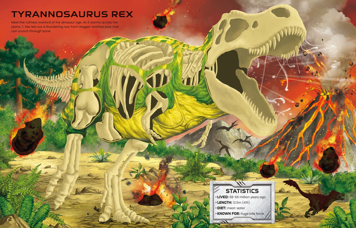 Green and yellow T. Rex illustration with skeletal cutouts in a volcanic landscape with falling meteors.