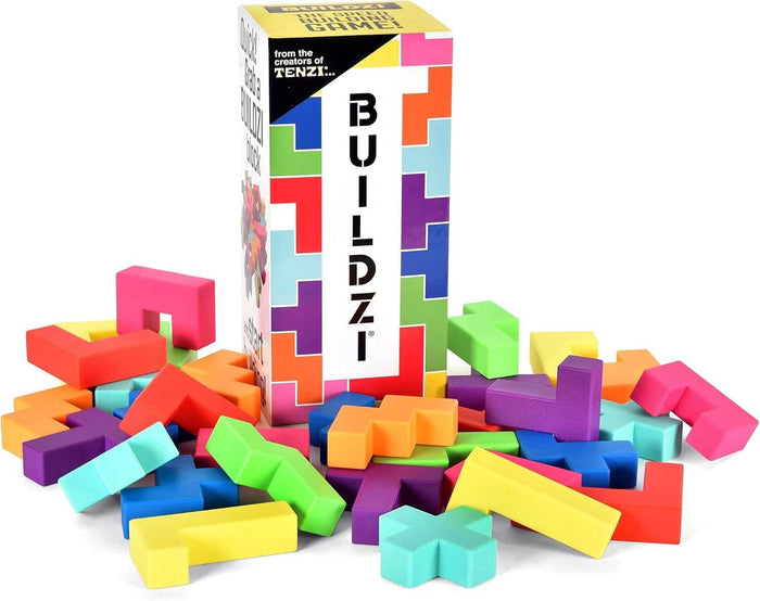 Tall white BUILDZI box surrounded by a colorful pile of plastic geometric blocks in various shapes.