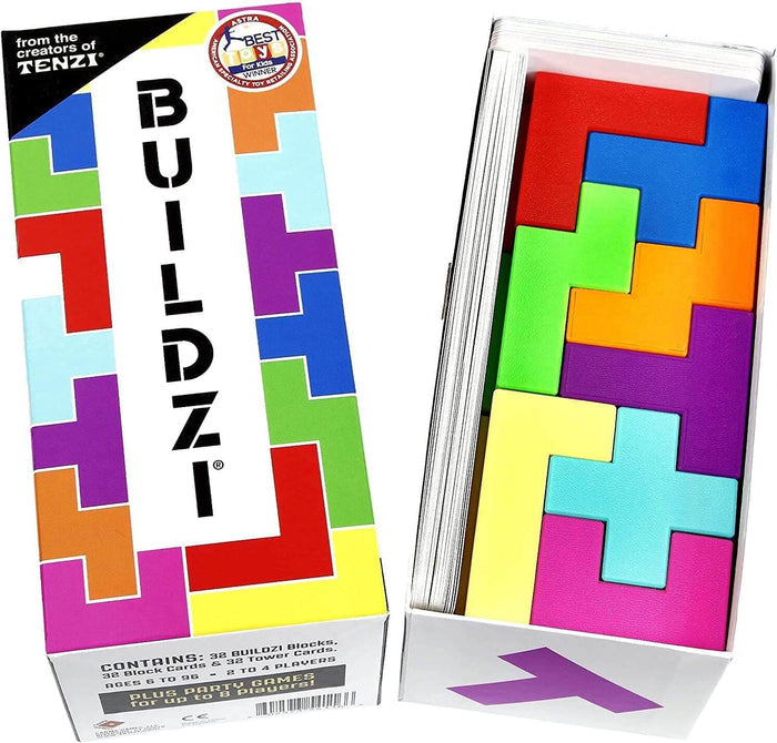 Open box of colorful geometric blocks and cards next to the white vertical Buildzi stacking game packaging.