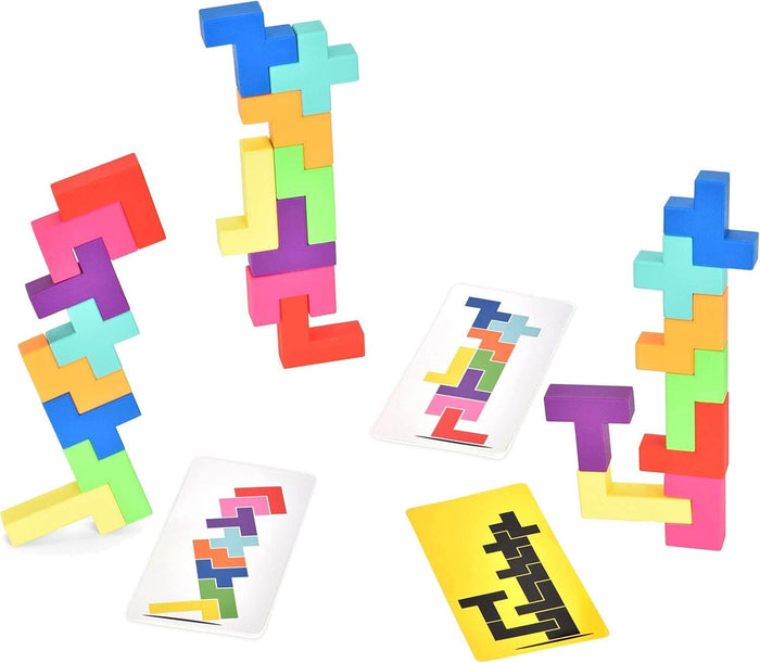 Vibrant multi-colored building blocks stacked in towers beside game cards on a white background.