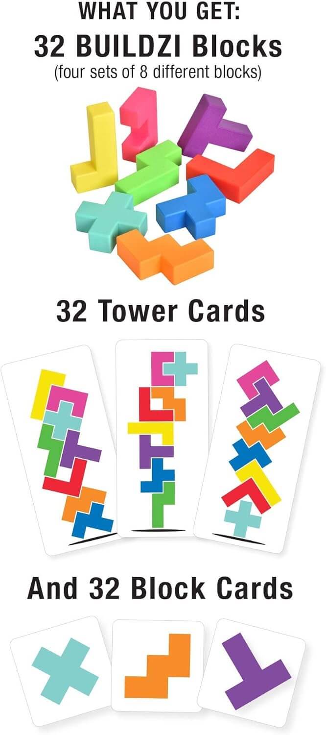 32 colorful geometric blocks, 32 tower building cards, and 32 block cards displayed on a white background.