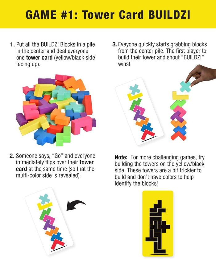 Instruction sheet for BUILDZI with colorful geometric blocks, tower cards, and a hand building a vertical tower.