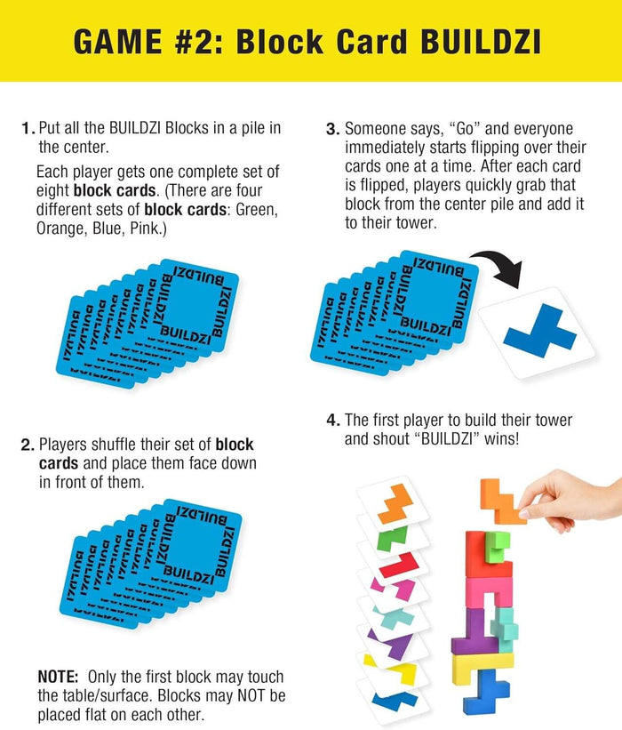 Instructional graphic for Buildzi showing how to flip blue cards and stack colorful geometric blocks into a tall tower.