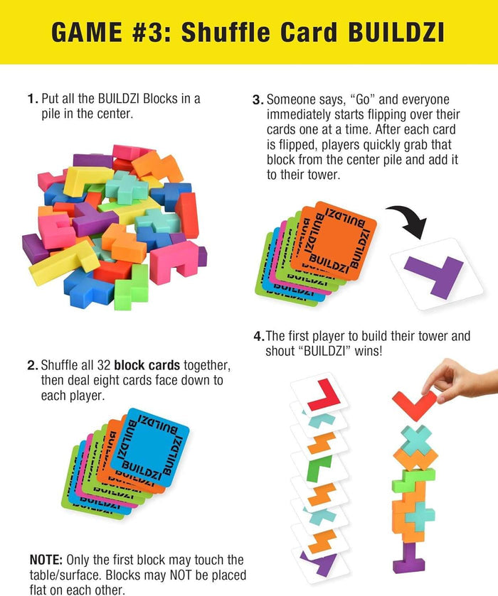 Instructional graphic showing colorful geometric blocks, cards, and a hand stacking blocks into a tall tower.