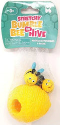 Two yellow toy bees with blue wings and a textured hive in a mesh bag with a teal cardboard header.