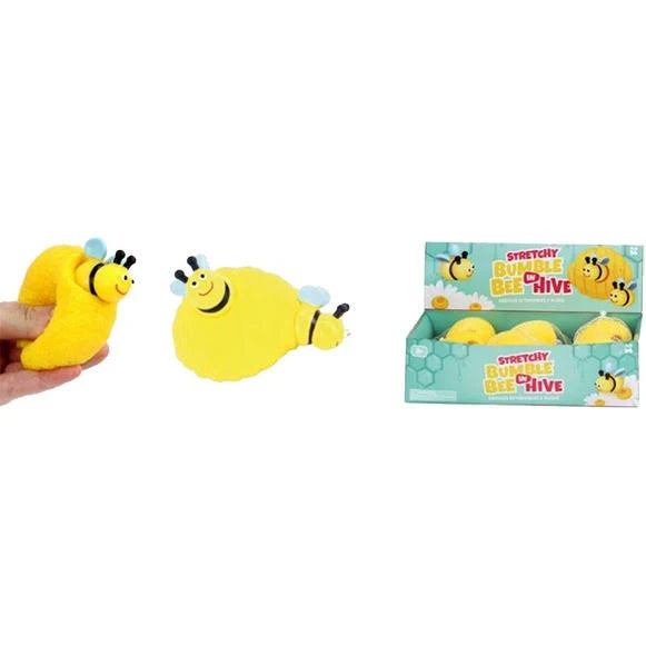 Stretchy yellow bee toy being squeezed and popping out of a hive next to its colorful retail display box.