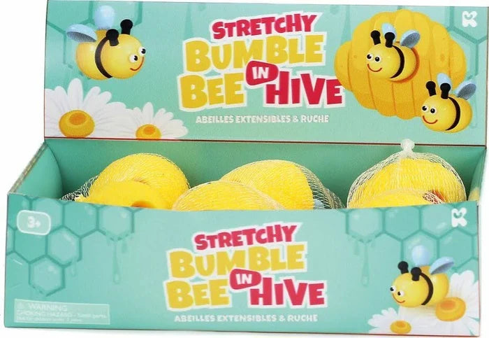 Teal box of yellow mesh-wrapped stretchy bumblebee and hive toys featuring cute bee and daisy illustrations.