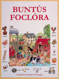 Children's book cover featuring a colorful farmyard illustration with Irish vocabulary labels for animals and objects.