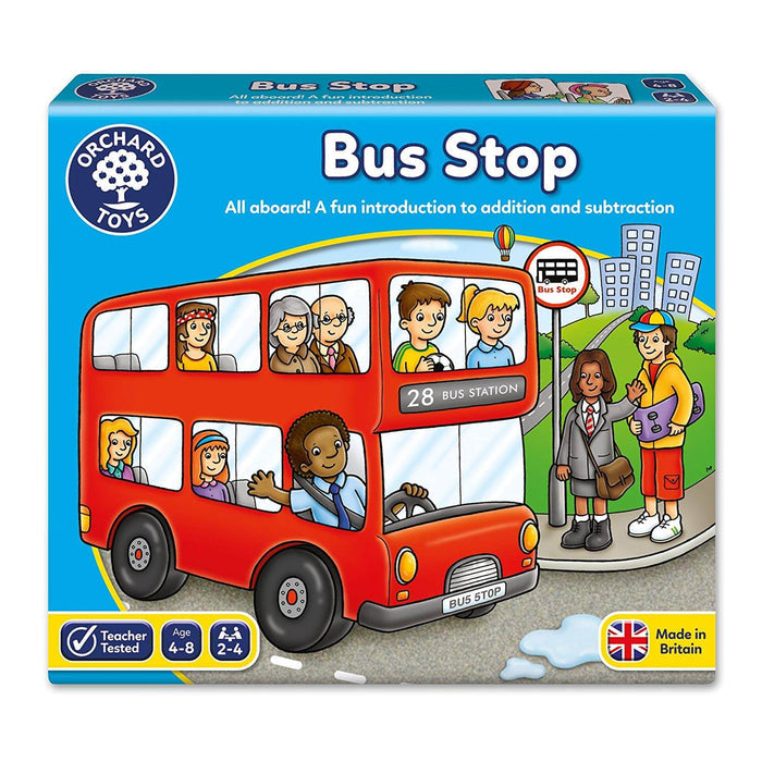 Bright blue box for Bus Stop board game showing a red double-decker bus with diverse cartoon passengers.