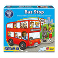 Bright blue box for Bus Stop board game showing a red double-decker bus with diverse cartoon passengers.