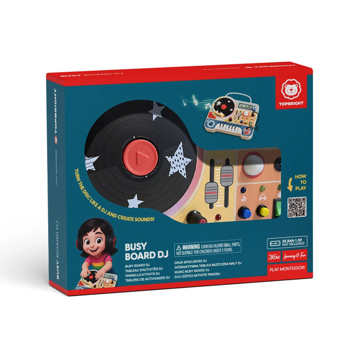 Teal and red packaging for a wooden busy board toy with a black turntable disc, colorful sliders, and buttons.