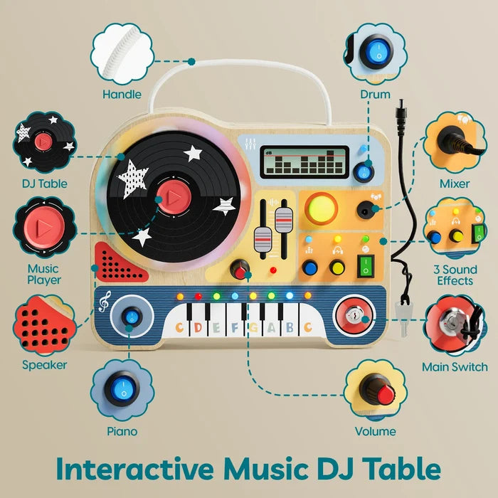 Wooden DJ deck busy board with turntable, piano keys, and colorful interactive buttons, switches, and sliders.