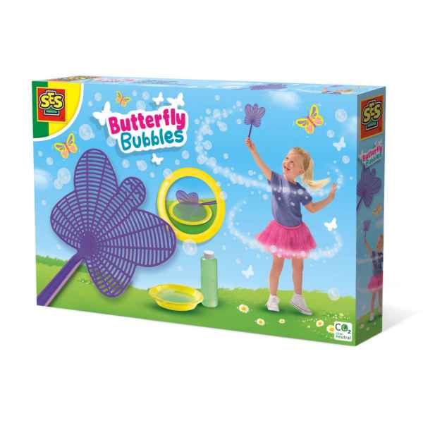 Toy box showing a purple butterfly wand, yellow dipping dish, and a girl in a pink tutu playing with bubbles outside.