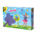Toy box showing a purple butterfly wand, yellow dipping dish, and a girl in a pink tutu playing with bubbles outside.