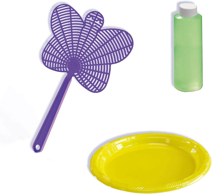 Purple butterfly-shaped wand, yellow dipping tray, and a bottle of green bubble solution.