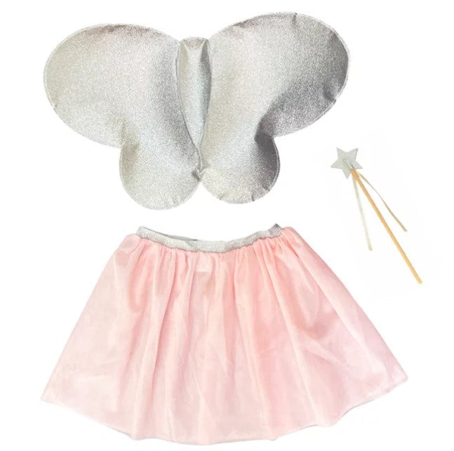 Silver glitter butterfly wings, light pink tulle tutu with silver waistband, and a silver star wand.