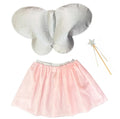 Silver glitter butterfly wings, light pink tulle tutu with silver waistband, and a silver star wand.