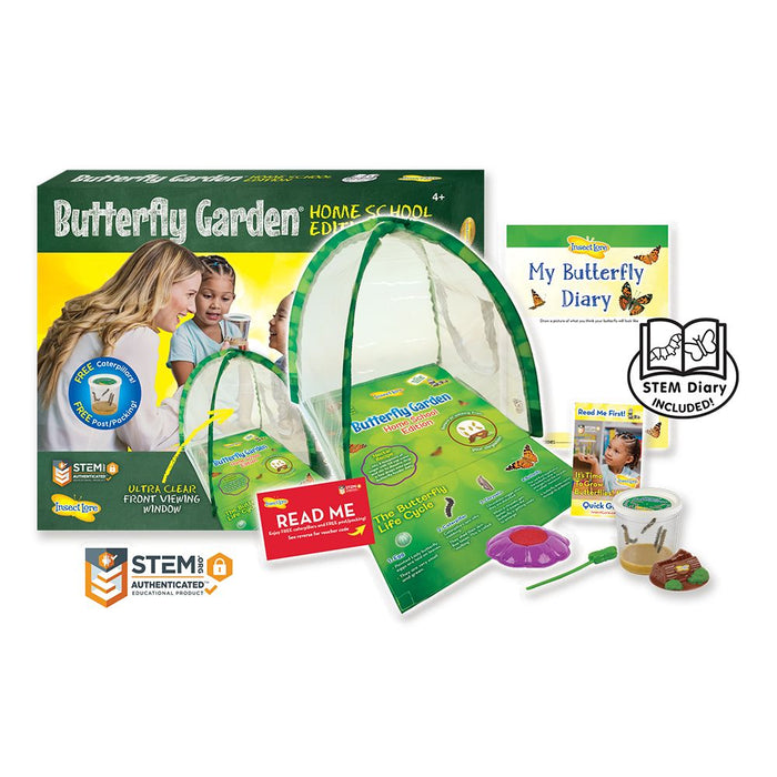 Green box with a white mesh habitat, caterpillar cup, purple flower feeder, and a My Butterfly Diary booklet.