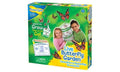 Green and yellow box showing two children, a mesh habitat, orange butterflies, and a caterpillar voucher graphic.