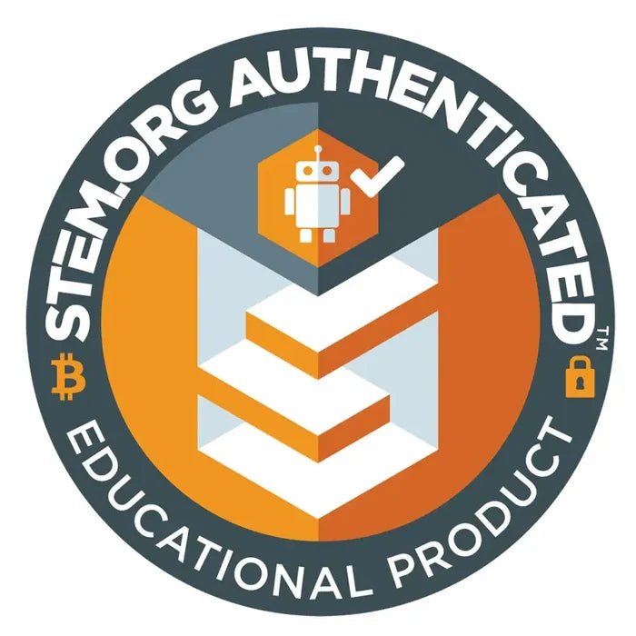 STEM.org Authenticated Educational Product seal, a circular logo with orange geometric shapes and a robot icon.