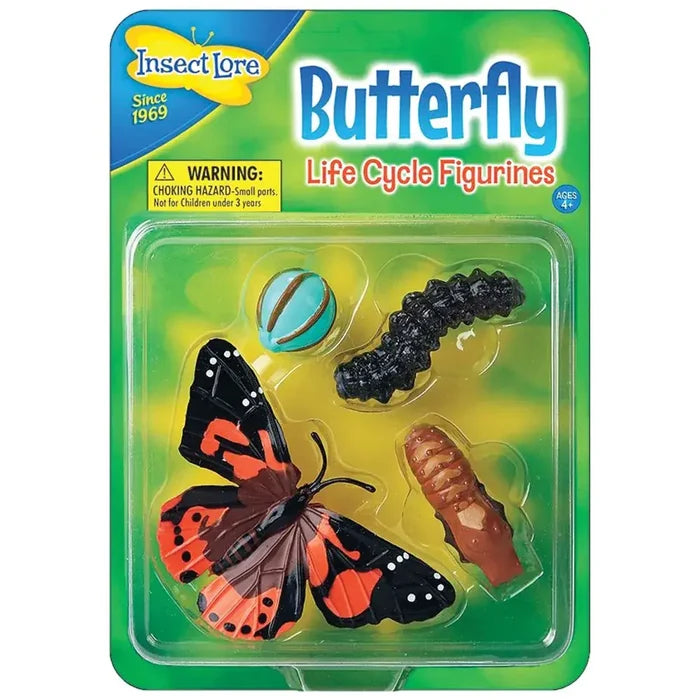 Insect Lore packaging with a blue egg, black caterpillar, brown chrysalis, and black and orange butterfly figurines.