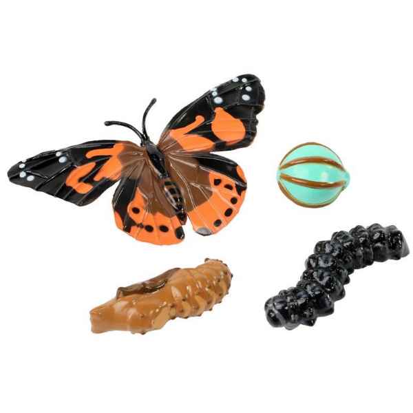 Four figurines: orange and black butterfly, teal egg with stripes, black bumpy caterpillar, and brown chrysalis.