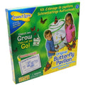 Bright green box featuring two kids with a mesh butterfly habitat, orange butterflies, and a caterpillar voucher.