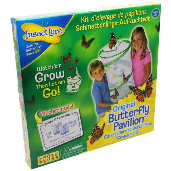 Bright green box featuring two kids with a mesh butterfly habitat, orange butterflies, and a caterpillar voucher.