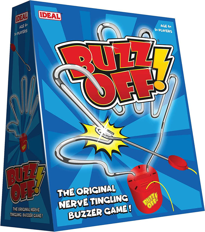Blue toy box showing a wavy silver wire track, red buzzer wand, and yellow spark icon for Buzz Off game.