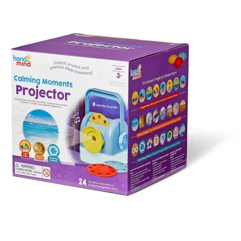 Purple box for the Calming Moments Projector, showing a light blue toy projector, nature scenes, and image discs.