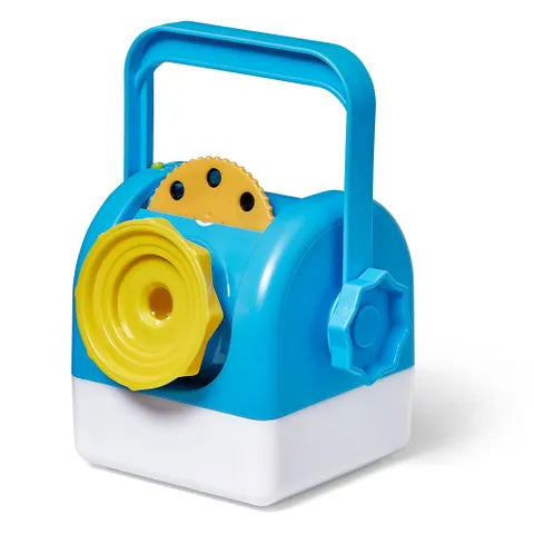 Blue and white toy projector with a yellow lens, a carry handle, and a yellow image disc on top.
