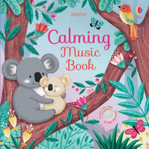 Children's book cover with a grey and baby koala hugging on a tree branch among vibrant pink flowers and butterflies.