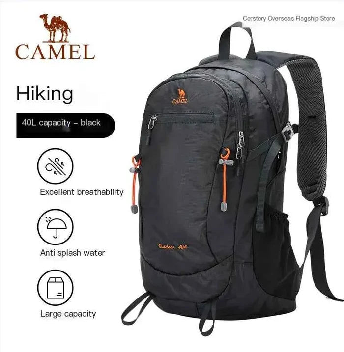 Camel outdoor backpack for hiking and camping by Mead's Supply & Equipment Outfitters, in fruit green with multiple compartments.