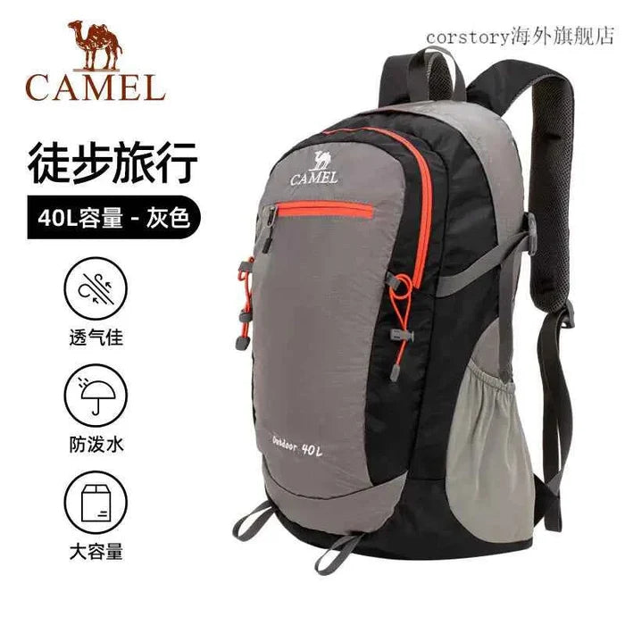 Camel outdoor backpack by Mead's Supply & Equipment Outfitters in fruit green, 40L hiking and camping backpack with multiple compartments.