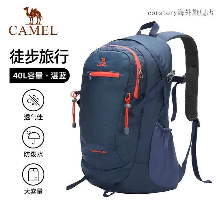 Camel outdoor backpack by Mead's Supply & Equipment Outfitters, green 40L hiking and camping backpack with multiple compartments