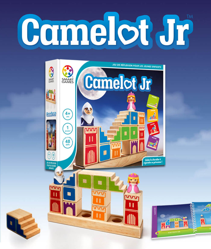 Wooden castle building game with knight and princess figures, colorful blocks, and challenge booklet on a blue background.