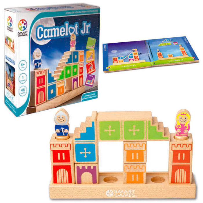 Camelot Jr box, colorful wooden castle puzzle with knight and princess figurines, and an open challenge booklet.