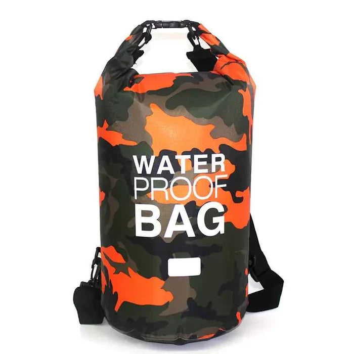 Orange 30L camouflage PVC waterproof dry bag by Mead's Supply & Equipment Outfitters, ideal for camping and water sports storage.