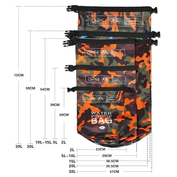 Orange camouflage PVC waterproof dry bag by Mead's Supply & Equipment Outfitters, outdoor storage for camping and water sports.