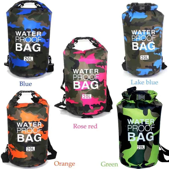 Orange camouflage PVC waterproof dry bag from Mead's Supply & Equipment Outfitters, outdoor storage for camping and water sports.